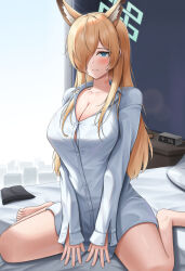 Rule 34 | 1girl, animal ears, asymmetrical bangs, bare legs, barefoot, blonde hair, blue archive, blush, breasts, button gap, cleavage, clock, collarbone, digital clock, hair over one eye, halo, highres, indoors, kanna (blue archive), large breasts, lazb., long hair, looking at viewer, no pants, one eye covered, sitting, smile, solo, straight hair, toes, very long hair, wariza