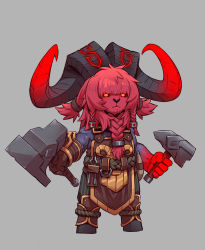 Rule 34 | 1girl, absurdres, belt, blunt bangs, braid, brown belt, brown gloves, closed mouth, colored skin, exaxuxer, furry, furry female, genderswap, genderswap (mtf), gloves, grey background, hammer, highres, holding, holding hammer, horns, league of legends, long hair, looking at viewer, ornn, red eyes, red skin, simple background, solo, standing, twin braids, twintails