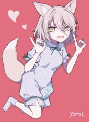 Rule 34 | 1girl, animal ears, artist name, blonde hair, blush, bow, breasts, commentary request, double fox shadow puppet, eyes visible through hair, fingernails, fox ears, fox shadow puppet, fox tail, green bow, green ribbon, grey romper, grey socks, hair between eyes, hands up, heart, highres, kudamaki tsukasa, looking to the side, no shoes, open mouth, pink background, puffy short sleeves, puffy sleeves, ribbon, romper, short hair, short sleeves, simple background, small breasts, smile, socks, solo, tail, touhou, yellow eyes, yonoisan
