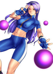 Rule 34 | 1girl, abs, absurdres, asamiya athena, ball, breasts, covered erect nipples, fingerless gloves, gloves, hairband, highres, legs, long hair, looking at viewer, midriff, navel, purple hair, qkat (arikawa-dou), salute, simple background, small breasts, snk, solo, spandex, standing, the king of fighters, the king of fighters 2002, thighs, toned, white background, yellow eyes
