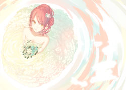 Rule 34 | 1girl, bare shoulders, bouquet, bride, dress, flower, frills, from above, hair flower, hair ornament, highres, la-na, looking up, original, red hair, smile, solo, too many, wedding dress, yellow eyes