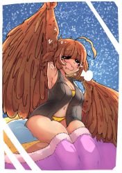 Rule 34 | 1girl, ahoge, bed, black shirt, blanket, bra, breasts, brown feathers, brown hair, brown wings, closed eyes, commentary, english commentary, feathers, harpy, medium breasts, medium hair, monster girl, navel, open mouth, original, panties, partially unbuttoned, shirt, solo, squeans, stretching, triggerdex, unbuttoned, unbuttoned shirt, under covers, underwear, winged arms, wings, yawning, yellow bra, yellow panties
