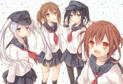 Rule 34 | 10s, 4girls, akatsuki (kancolle), alternate hairstyle, black hair, blue eyes, brown eyes, brown hair, fang, hair ornament, twirling hair, hairclip, hat, hibiki (kancolle), ikazuchi (kancolle), inazuma (kancolle), kantai collection, komeshiro kasu, long hair, looking at viewer, multiple girls, neckerchief, open mouth, pantyhose, personification, red neckerchief, school uniform, serafuku, short hair, silver hair, skirt, smile, twintails, two side up