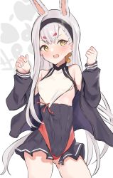 Rule 34 | 1girl, animal ears, arms up, azur lane, bikini, bikini bottom only, black jacket, black skirt, breasts, brown eyes, gluteal fold, hairband, highres, jacket, kaito (kaito921125), long hair, off shoulder, open mouth, rabbit ears, red bikini, shimakaze (azur lane), silver hair, skirt, small breasts, smile, solo, swimsuit, swimsuit over clothes, thighs, very long hair