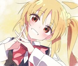 Rule 34 | 1girl, ahoge, blonde hair, blush, bocchi the rock!, bow, bowtie, ijichi nijika, ixy, long hair, looking at viewer, red bow, red bowtie, red eyes, side ponytail, smile, solo, upper body