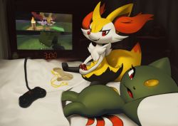 Rule 34 | 2girls, :3, alarm clock, animal ear fluff, animal ears, animal feet, animal nose, arm up, black fur, body fur, braixen, cellphone, clock, controller, creatures (company), drawer, fang, female focus, flat chest, forehead jewel, fox ears, fox girl, fox tail, furry, furry female, game controller, game freak, gen 2 pokemon, gen 6 pokemon, green fur, happy, headphones, holding, holding controller, holding game controller, indoors, inkune, looking at viewer, lying, minecraft, multiple girls, neck fur, night, nintendo, on back, on bed, open mouth, outstretched arm, phone, playing games, pokemon, pokemon (creature), red eyes, selfie, sitting, smartphone, smile, sneasel, snout, socks, spread legs, tail, television, white fur, yellow fur