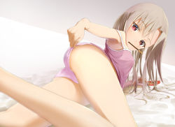 Rule 34 | 1girl, ass, bare shoulders, blonde hair, blush, breasts, camisole, fate/kaleid liner prisma illya, fate (series), food, illyasviel von einzbern, long hair, looking at viewer, lying, mouth hold, on side, panties, pink camisole, pink panties, pocky, red eyes, sakazakinchan, small breasts, thighs, underwear, underwear only