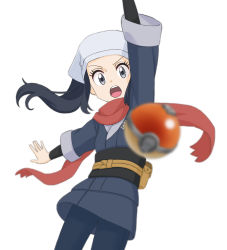 Rule 34 | 1girl, absurdres, akari (pokemon), arm up, black hair, black pantyhose, blurry, commentary, creatures (company), eyelashes, floating hair, floating scarf, game freak, grey eyes, head scarf, highres, kurea green, looking at viewer, nintendo, open mouth, pantyhose, poke ball, poke ball (legends), pokemon, pokemon legends: arceus, ponytail, pouch, red scarf, sash, scarf, simple background, solo, teeth, tongue, white background, white headwear