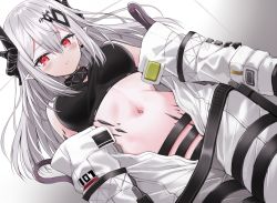 Rule 34 | 1girl, arknights, bare shoulders, blush, breasts, commentary request, dutch angle, hair between eyes, hair ornament, horns, jumpsuit, kuhotaka, long hair, looking at viewer, medium breasts, mudrock (arknights), navel, open jumpsuit, parted lips, red eyes, silver hair, solo, very long hair, white jumpsuit