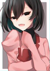 Rule 34 | 1girl, :d, absurdres, black eyes, black hair, black undershirt, bob cut, border, breasts, chromatic aberration, close-up, commentary, empty eyes, grey background, hair between eyes, highres, looking at viewer, monogatari (series), naoetsu high school uniform, narrowed eyes, open mouth, oshino ougi, outside border, pink shirt, portrait, puffy sleeves, school uniform, shirt, short hair, simple background, sleeves past fingers, sleeves past wrists, small breasts, smile, solo, t33h8703, turning head, turtleneck, upper body, very long sleeves, white border