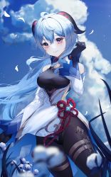 Rule 34 | 1girl, absurdres, ahoge, bare shoulders, bell, black gloves, black leotard, black pantyhose, blue hair, blue sky, blush, breasts, closed mouth, cloud, commentary, day, detached sleeves, flower, flower knot, ganyu (genshin impact), genshin impact, gloves, groin, highleg, highleg leotard, highres, horns, huge filesize, leotard, leotard under clothes, long sleeves, looking at viewer, medium breasts, outdoors, pantyhose, purple eyes, red ribbon, ribbon, shurb, sky, smile, solo, symbol-only commentary, thighlet, thighs, white flower