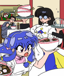 Rule 34 | black hair, blue hair, chair, cologne (ranma 1/2), eating, egg, food, glasses, grandmother and granddaughter, mousse (ranma 1/2), noodles, old, old woman, open mouth, purple eyes, ramen, ranma 1/2, round eyewear, shampoo (ranma 1/2), sitting, table, wanta (futoshi)