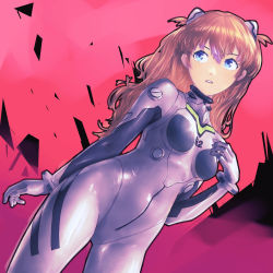 Rule 34 | 1girl, arm at side, blue eyes, bmo art, bodysuit, breasts, brown hair, cowboy shot, curvy, dutch angle, hair between eyes, hair ornament, hand on own chest, interface headset, long hair, looking afar, looking away, medium breasts, neon genesis evangelion, parted lips, pilot suit, plugsuit, red background, shiny clothes, skin tight, solo, souryuu asuka langley, standing, teeth, thigh gap, two side up, upper teeth only, wide hips