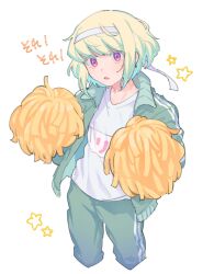 Rule 34 | 1boy, alternate costume, blonde hair, cheerleader, commentary, earrings, floating hair, green pants, green track suit, headband, highres, holding, jacket, jewelry, kome 1022, light blush, lio fotia, male focus, open clothes, open jacket, open mouth, pants, pom pom (cheerleading), promare, purple eyes, short hair, simple background, solo, star (symbol), symbol-only commentary, trap, triangle earrings, white background, white headband