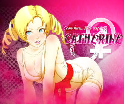 Rule 34 | 1girl, all fours, atlus, bare shoulders, blonde hair, blue eyes, blush, body blush, breasts, catherine, catherine (game), choker, cleavage, dress, drill hair, female focus, gradient background, long hair, red ribbon, ribbon, solo, system-h, thighhighs, twin drills, twintails, white thighhighs