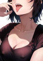 Rule 34 | 1girl, absurdres, black hair, blush, breasts, cleavage, collarbone, covered erect nipples, head out of frame, hego 0102, highres, hololive, large breasts, oozora subaru, open mouth, shiny skin, shirt, short hair, short sleeves, solo, suggestive fluid, tongue, tongue out, virtual youtuber