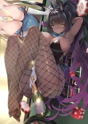 Rule 34 | 2girls, absurdres, animal ears, asuna (blue archive), asuna (bunny) (blue archive), bare shoulders, black hair, black leotard, blue archive, blush, breasts, champagne bottle, cleavage, dark-skinned female, dark skin, detached collar, dice, fake animal ears, fishnet pantyhose, fishnets, gloves, halo, highleg, highleg leotard, highres, karin (blue archive), karin (bunny) (blue archive), large breasts, legs, leotard, long hair, looking at viewer, lying, multiple girls, pantyhose, playboy bunny, ponytail, rabbit ears, sidelocks, solo focus, teddy (khanshin), very long hair, white gloves, yellow eyes