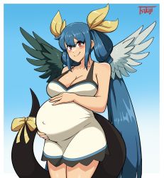 Rule 34 | 1girl, absurdres, angel wings, artist name, asymmetrical wings, bare shoulders, big belly, blue background, blue hair, blush, breasts, cleavage, collarbone, covered navel, dizzy (guilty gear), dress, fingernails, guilty gear, hair between eyes, hair ribbon, hair rings, highres, large breasts, long hair, mature female, monster girl, navel, one eye closed, pregnant, ribbon, sharp fingernails, simple background, smile, solo, tail, tail ornament, tail ribbon, tsukijitums, twintails, white dress, wings