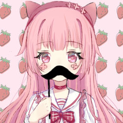 Rule 34 | + +, 1girl, blush, bow, commentary request, covered mouth, facial mark, fake facial hair, fake mustache, food, fruit, hairband, holding, long hair, long sleeves, looking at viewer, original, pink background, pink hair, purple eyes, red bow, red hairband, sailor collar, satori (ymoy), shirt, solo, strawberry, upper body, white sailor collar, white shirt