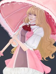 1girl blue_eyes breasts dress emilie_de_rochefort lips looking_at_viewer medium_breasts parasol short_sleeves tekken tekken_8 umbrella unluckyaokie