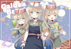 Rule 34 | alternate costume, apron, bespectacled, black apron, blonde hair, blue eyes, braid, captain nemo (fate), cupcake, drink, fate/grand order, fate (series), food, freedumco, glasses, green shirt, green shorts, hat feather, highres, holding, holding tray, ice cream, long sleeves, nemo (fate), nurse nemo (fate), open mouth, paper hat, parfait, professor nemo (fate), round eyewear, shirt, short sleeves, shorts, single braid, sleeves past fingers, sleeves past wrists, smile, tray, very long sleeves, waiter, waitress, wrist cuffs