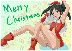 Rule 34 | 00s, 1girl, bad id, bad pixiv id, black hair, blush, boots, christmas, flat chest, francesca lucchini, green eyes, hat, open mouth, ouji (jp), panties, santa costume, santa hat, solo, strike witches, striped clothes, striped panties, twintails, underwear, world witches series