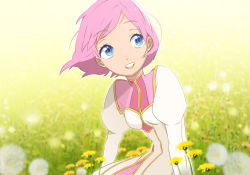 Rule 34 | 00s, 1girl, bad id, bad pixiv id, blue eyes, estellise sidos heurassein, field, flower, gradient background, green background, pink hair, smile, solo, tales of (series), tales of vesperia, waka205, yellow background