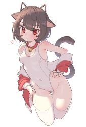 Rule 34 | 1girl, absurdres, animal ear hairband, animal ears, bare shoulders, bell, black tail, blush, breasts, brown hair, cat ear hairband, cat ears, cat tail, collar, commentary request, commission, covered navel, cropped legs, fake animal ears, groin, groin tendon, hairband, hands on own hips, heart, highleg, highleg swimsuit, highres, jacket, jingle bell, korean commentary, looking at viewer, mole, mole on breast, mole on thigh, mole under eye, neck bell, off shoulder, one-piece swimsuit, original, prunechi, red collar, red eyes, red jacket, short hair, simple background, small breasts, solo, swimsuit, tail, thighhighs, twitter username, v burger103, white background, white one-piece swimsuit, white thighhighs