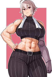 Rule 34 | 1girl, abs, antenna hair, belt, commission, cromwellb, crop top, dana zane, hand on own hip, highres, looking at viewer, muscular, muscular female, pants, pinstripe pants, pinstripe pattern, pixiv commission, prosthesis, prosthetic arm, short hair, solo, striped, sweat, towel, towel around neck, va-11 hall-a, white hair