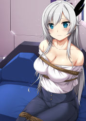Rule 34 | 1girl, arms behind back, bare shoulders, bdsm, black pants, black ribbon, blue eyes, blush, bondage, bound, breasts, cecilia schariac, cleavage, closed mouth, collarbone, commentary, couch, english commentary, grey hair, hair between eyes, hair ribbon, highres, honkai (series), honkai impact 3rd, indoors, large breasts, long hair, looking at viewer, off-shoulder shirt, off shoulder, pants, parted bangs, ribbon, rope, sheita, shirt, shirt tucked in, sidelocks, sitting, solo, sparkle, sweatdrop, white shirt, window