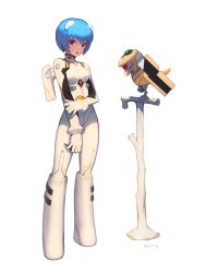 Rule 34 | 1girl, adapted costume, animalization, ayanami rei, bird, blue hair, eva 00, full body, interface headset, morry, neon genesis evangelion, plugsuit, red eyes, short hair, simple background, standing, white background