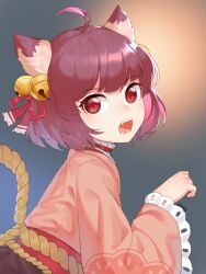 Rule 34 | 1girl, ahoge, animal ears, bell, brown eyes, brown hair, commentary, fangs, from side, hair ribbon, ichihime, japanese clothes, kimono, little nine, looking at viewer, mahjong soul, medium hair, open mouth, red ribbon, ribbon, solo, symbol-only commentary, upper body