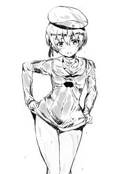 Rule 34 | 1girl, clothes lift, commentary request, dress, dress lift, greyscale, kantai collection, lifted by self, monochrome, sailor dress, short dress, short hair, simple background, solo, sumisu (mondo), wet, wet clothes, wet dress, wet hair, wet hat, white background, z1 leberecht maass (kancolle)