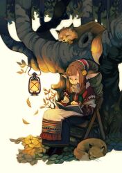 Rule 34 | 1girl, animal, autumn, autumn leaves, black footwear, book, brown hair, commentary request, curled up, fox, full body, hair ornament, lantern, leaf, long hair, long skirt, long sleeves, natsumika, original, outdoors, plant, pointy ears, reading, sidelocks, sitting, skirt, sleeping, smile, solo, sweater, tree, wooden chair