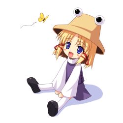 Rule 34 | 1girl, blonde hair, blue eyes, bug, butterfly, child, female focus, happy, hat, insect, lowres, md5 mismatch, moriya suwako, open mouth, short hair, sitting, solo, thighhighs, touhou, yamasan