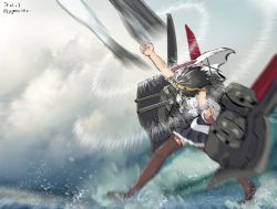Rule 34 | 1girl, bare shoulders, black hair, black skirt, boots, brown footwear, clenched hands, dated, detached sleeves, gegeron, headgear, highres, kantai collection, kirishima (kancolle), nontraditional miko, one-hour drawing challenge, pleated skirt, punching, short hair, skirt, solo, thigh boots, thighhighs, twitter username
