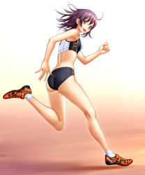 Rule 34 | 1girl, ass, brown eyes, buruma, highres, kuri (kurigohan), original, purple hair, running, short hair, solo, sports bikini, track and field, track uniform