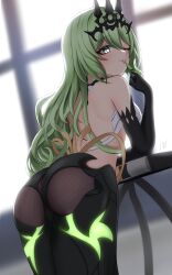 Rule 34 | 1girl, absurdres, ass, ass focus, bare shoulders, blush, breasts, cameltoe, come hither, crown, dress, elbow gloves, from behind, from below, gloves, green eyes, green hair, highres, honkai (series), honkai impact 3rd, jw (wrdawrda), long hair, looking at viewer, looking down, medium breasts, mobius (honkai impact), pantyhose, sideboob, smile, solo, tongue, tongue out, very long hair