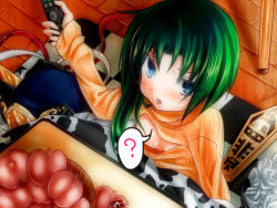 Rule 34 | 1girl, :o, ?, alternate costume, animal print, asymmetrical hair, blue eyes, blush, breasts, contemporary, controller, convenient censoring, cow print, food, fruit, green hair, hat, unworn hat, unworn headwear, kotatsu, long sleeves, looking at viewer, meme attire, open-chest sweater, orange shirt, orange sweater, peach, remote control, ribbed sweater, rod of remorse, shiki eiki, shirt, sitting, small breasts, solo, speech bubble, sweater, table, torachige, touhou, trash can