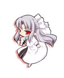 Rule 34 | 00s, 1girl, chibi, dress, half updo, long hair, lowres, melty blood, pointy ears, red eyes, ribbon, silver hair, solo, tsukihime, type-moon, white len (tsukihime)