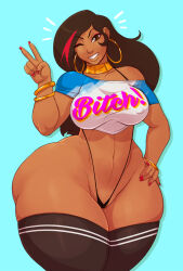 Rule 34 | 1girl, aqua background, ass, black thighhighs, breasts, carmessi, covered erect nipples, curvy, dark-skinned female, dark skin, earrings, gala (carmessi), gloves, grin, hand on own hip, highleg, highleg panties, hoop earrings, jewelry, large breasts, long hair, navel, one eye closed, panties, print shirt, revealing clothes, shiny skin, shirt, simple background, smile, solo, standing, thick thighs, thighhighs, thighs, thong, underwear, v, very long hair, wide hips, wink