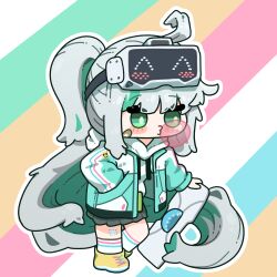 Rule 34 | 1girl, absurdres, ahoge, bandaid, bandaid on face, black skirt, blowing bubbles, chewing gum, chibi, colored inner hair, epinel (nikke), full body, goddess of victory: nikke, green eyes, green hair, green jacket, head-mounted display, highres, hood, hood down, hoodie, hoverboard, jacket, kiwi forest, long hair, multicolored background, multicolored clothes, multicolored hair, multicolored jacket, pleated skirt, ponytail, skirt, socks, solo, two-tone hair, white hair, white hoodie, white jacket, white socks