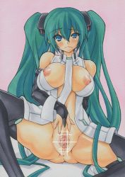 Rule 34 | 1girl, bad id, bad pixiv id, blue eyes, bottomless, breasts, bridal gauntlets, censored, center opening, green hair, hatsune miku, hatsune miku (append), large breasts, long hair, marker (medium), millipen (medium), necktie, nipple slip, nipples, pink background, pussy, sitting, solo, spread legs, spread pussy, thighhighs, traditional media, twintails, uneven eyes, very long hair, vocaloid, vocaloid append, yutakasan-love