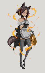 Rule 34 | 1girl, animal ears, apron, bad id, bad pixiv id, black dress, black gloves, black thighhighs, brown hair, dark-skinned female, dark skin, detached sleeves, dress, gloves, hand on own chest, high heels, maid, maid apron, maid headdress, off shoulder, original, personification, red eyes, sample watermark, short dress, short hair, solo, syno, tail, thighhighs, watermark, wolf ears, wolf girl, wolf tail, zettai ryouiki