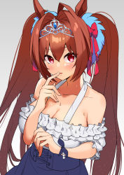 Rule 34 | 1girl, absurdres, animal ears, bare shoulders, blue skirt, blush, bow, breasts, brown hair, cleavage, collarbone, daiwa scarlet (umamusume), finger to mouth, gradient background, grey background, hair between eyes, hair bow, hair intakes, hand up, high-waist skirt, highres, horse ears, large breasts, long hair, off-shoulder shirt, off shoulder, omucchan (omutyuan), parted lips, puffy short sleeves, puffy sleeves, red bow, red eyes, shirt, short sleeves, skirt, solo, sweat, tiara, twintails, umamusume, upper body, very long hair, white background, white shirt
