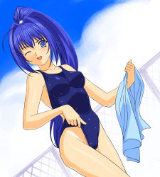 Rule 34 | 00s, 1girl, a1 (initial-g), absurdres, blue eyes, blue hair, chain-link fence, dutch angle, female pubic hair, fence, hayase mitsuki, highres, kimi ga nozomu eien, long hair, matching hair/eyes, one-piece swimsuit, one-piece tan, one eye closed, ponytail, pubic hair, school swimsuit, solo, swimsuit, tan, tanline, towel, wet, wink