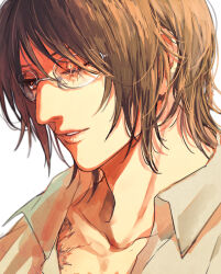 Rule 34 | 1other, androgynous, brown eyes, brown hair, collarbone, collared shirt, glasses, hange zoe, lips, mo cha ri, one eye closed, open clothes, open shirt, other focus, parted lips, scar, scar across eye, scar on chest, shingeki no kyojin, shirt, short hair, simple background, solo, upper body, white background, white shirt, wing collar