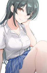 Rule 34 | 1girl, blue skirt, blush, breasts, brown eyes, closed mouth, collarbone, dot nose, green hair, hand on own cheek, hand on own face, hand up, highres, idolmaster, idolmaster cinderella girls, idolmaster cinderella girls starlight stage, knee up, long hair, looking at viewer, medium breasts, miniskirt, ohishi izumi, plaid, plaid skirt, pleated skirt, school uniform, shirt, short sleeves, simple background, skirt, smile, solo, unu (unucence), white background, white shirt