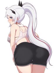 Rule 34 | 1girl, absurdres, ahoge, aqua eyes, ass, bare shoulders, blush, bra, bra visible through clothes, breasts, commentary request, diamond-shaped pupils, diamond (shape), earrings, from behind, gym shorts, hair ornament, highres, honkai (series), honkai impact 3rd, jewelry, kiana kaslana, leaning forward, long hair, looking at viewer, looking back, midriff, milliani, multicolored hair, parted lips, ponytail, see-through, shorts, simple background, solo, sportswear, streaked hair, sweat, symbol-shaped pupils, tank top, underwear, very long hair, white background, white hair