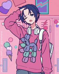 1boy arm_up backpack bag blue_eyes blue_hair commentary grey_pants head_tilt headphones headphones_around_neck heart kaito_(vocaloid) lightning_bolt_symbol locker long_sleeves male_focus neki_(wakiko) official_art one_eye_closed open_mouth pants pink_shirt puffy_long_sleeves puffy_sleeves shirt solo vocaloid